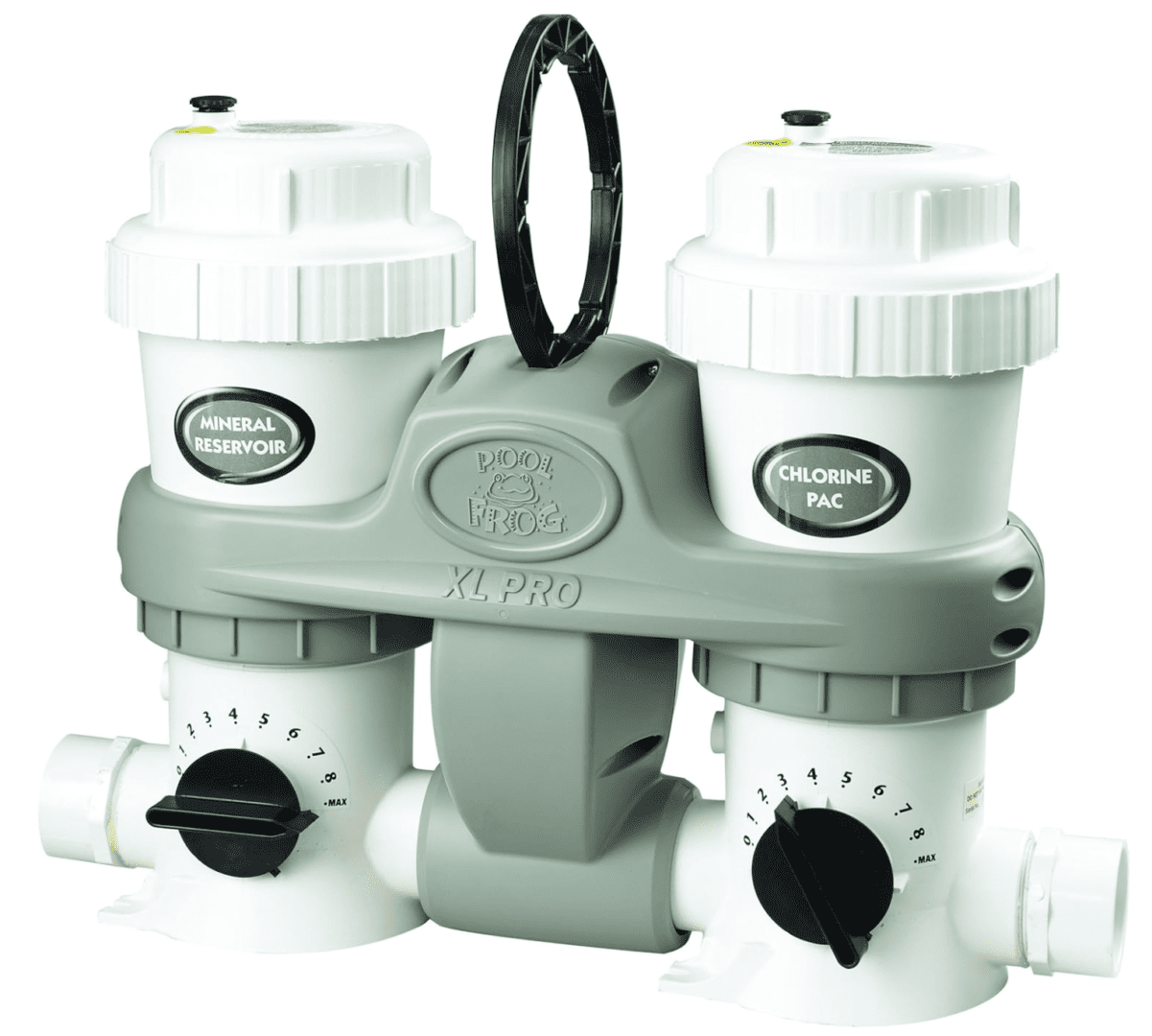 A pair of Pool FROG XL Pro Cyclers and Pool FROG XL Pro Mineral Reservoir, All-in-One Sanitizing System with FROG Minerals for Pools up to 40,000 gallons on a white background.